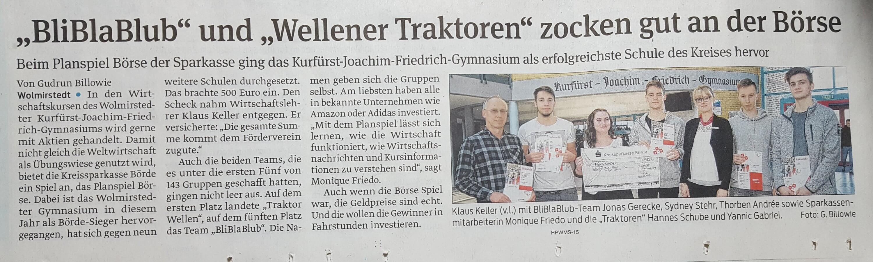 Volksstimme: KJF-Gym beste Schule beim Planspiel Börse