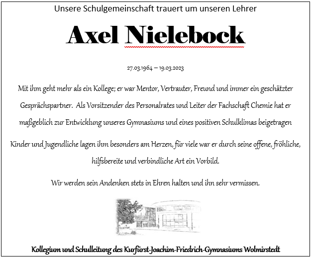 Unsere Schulgemeinschaft trauert um Axel Nielebock